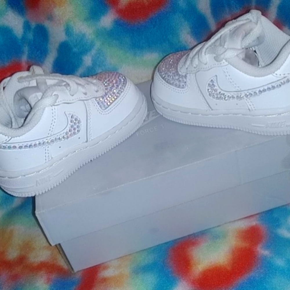 Custom Designed Nike Air Force 1's All White Bedazzled Toddler Sneaker ,Size 4c